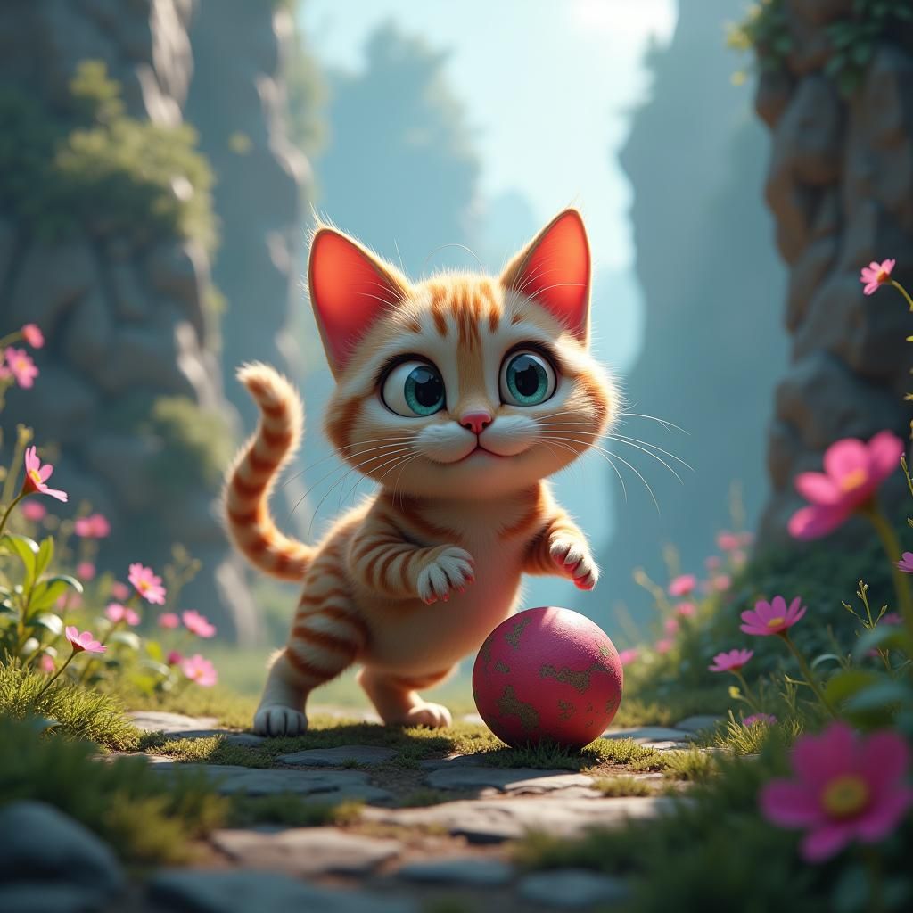Mischievous Cat Plays in Fantasy Landscape
