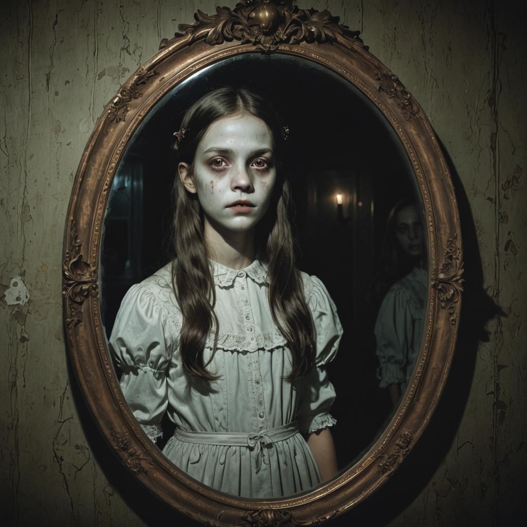 A spooky apparition of a girl in a mirror in a darkened room...