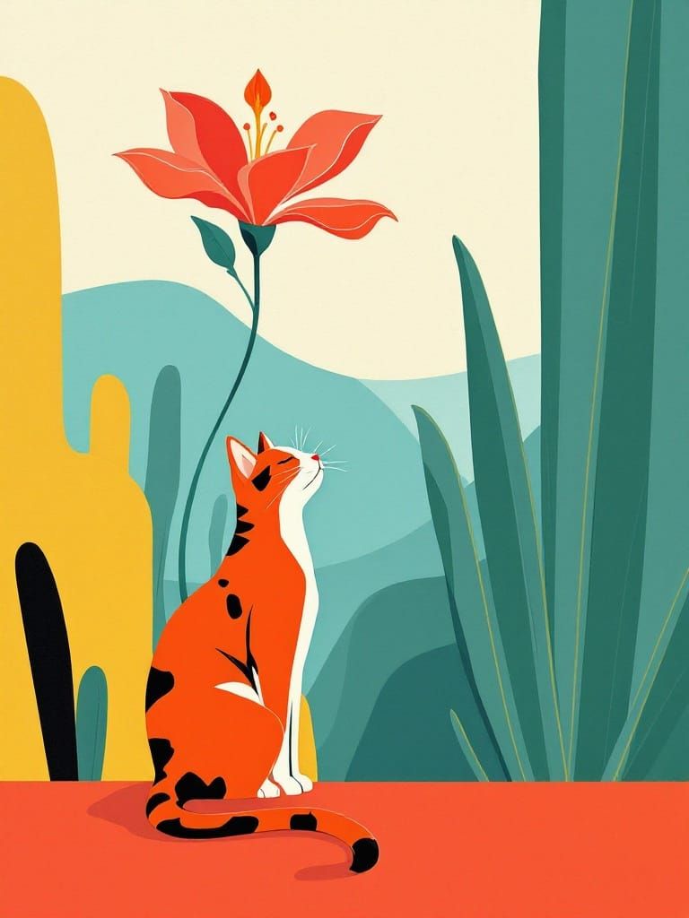 Cat Under Flower in Atomic Age Style