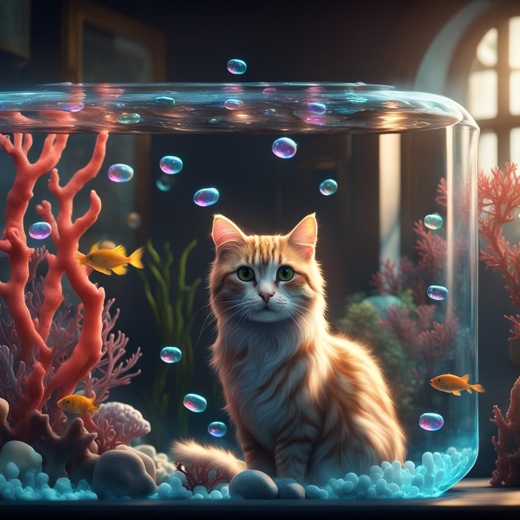 Cat in Fish Tank: Fantastical Digital Painting