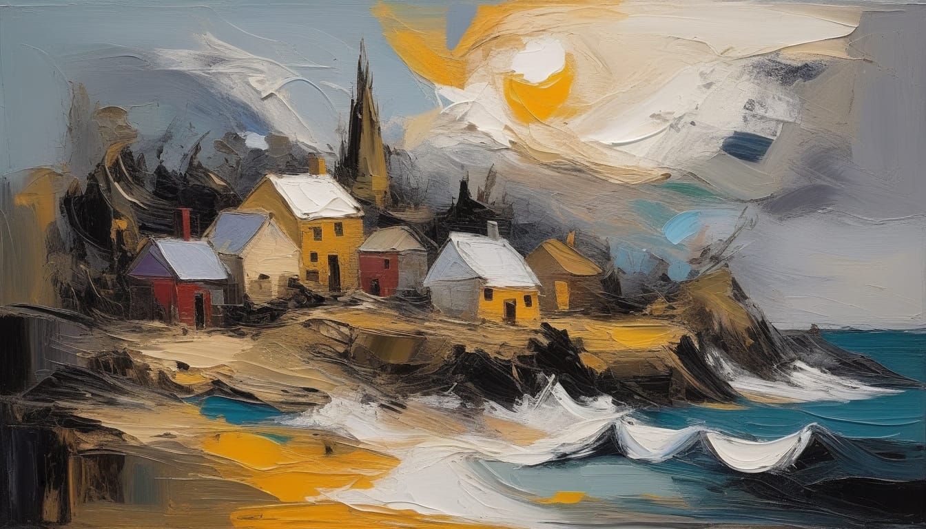 Abstract Village Emerges from Darkness to Light in Impasto S...