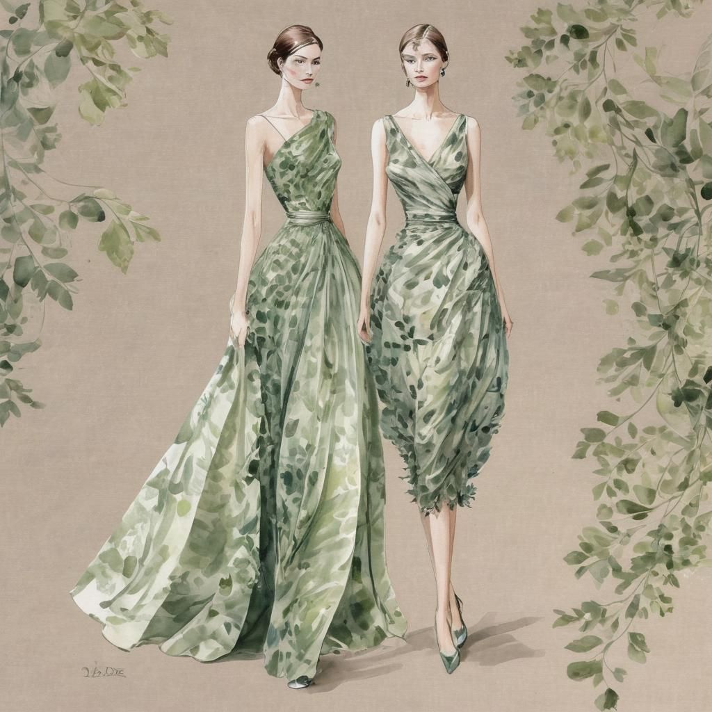 Art by Christian Dior, elegant dress made of leafy greens, m...