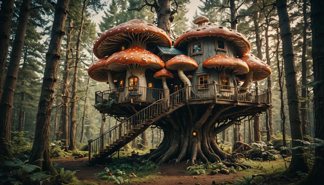 Cinematic Mushroom Treehouse Film Still