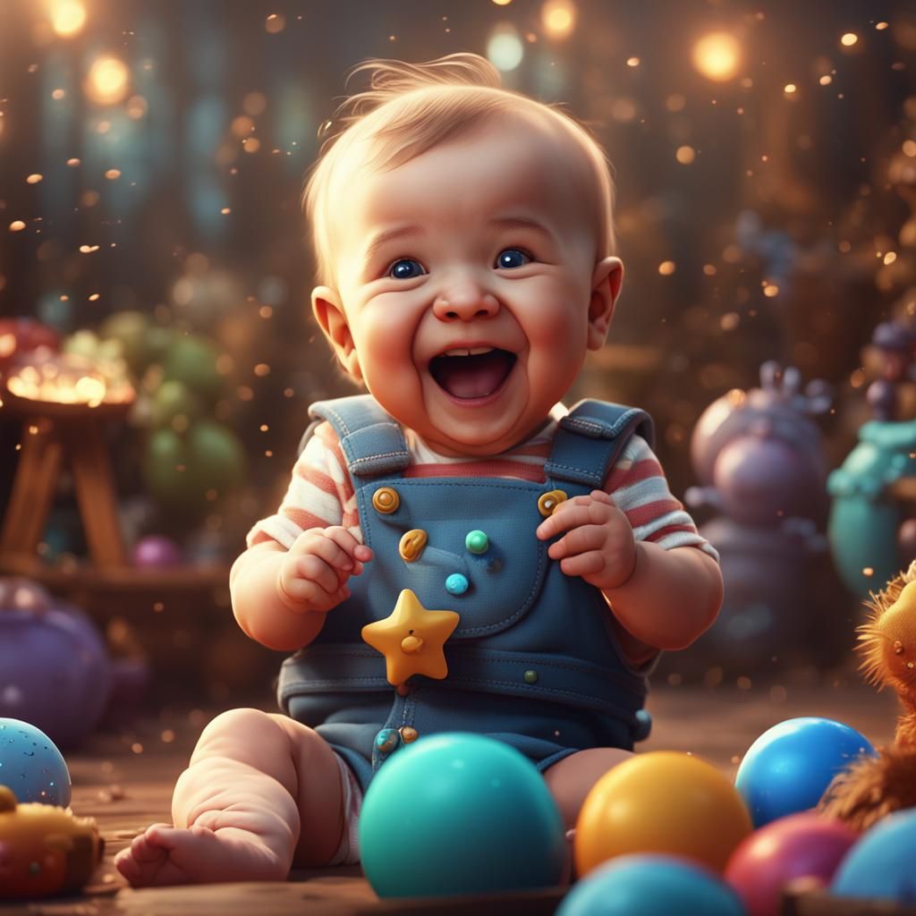 Cute Baby Laughing Holding Toy, Detailed Matte Painting