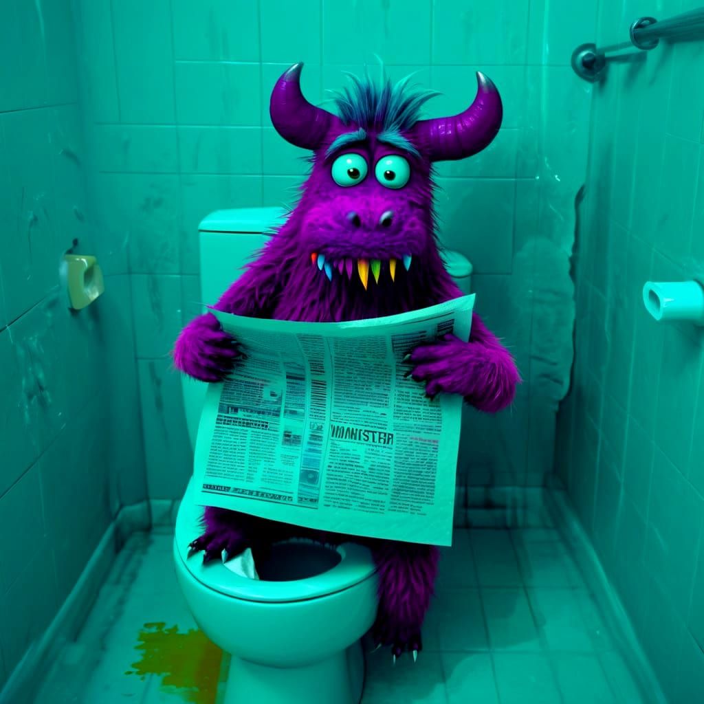 Cute Fluffy Monster Reads Paper on Toilet