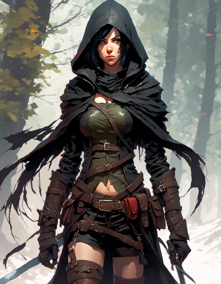 Female Assassin in Leather Armor and Cloak