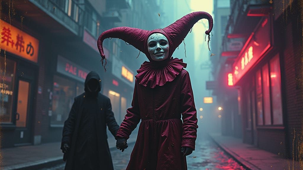 Harlequin in Dreamlike Cityscape: Dark Futurism