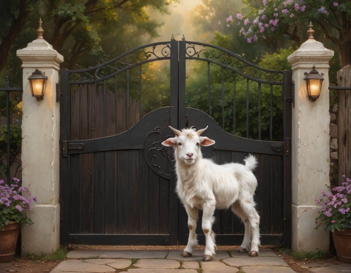Dog and Goat at Gate in Hyperrealistic Style