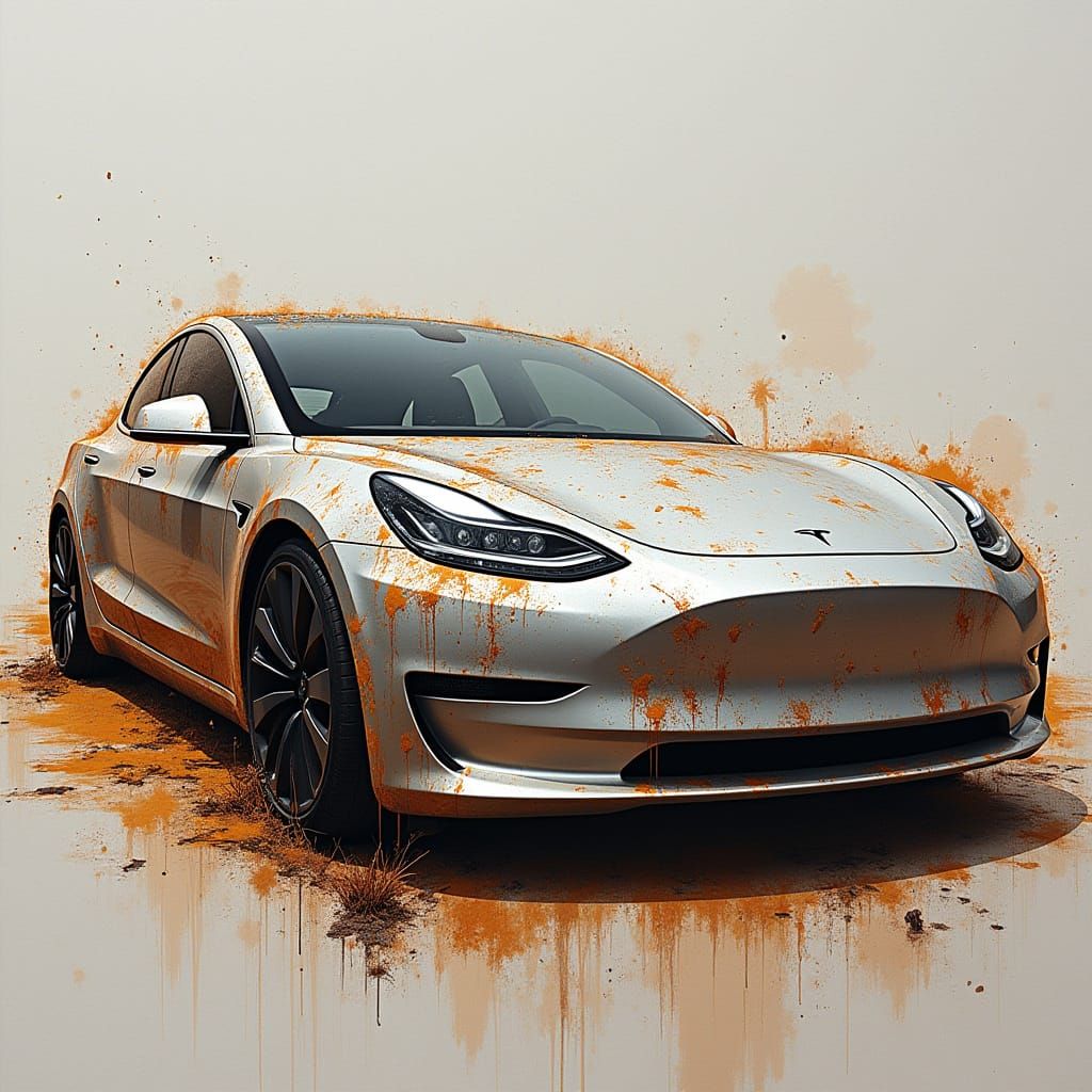 Vibrant Tesla Splattered with Chaotic Brown Patterns