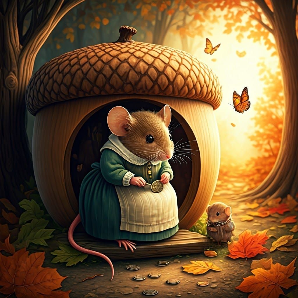 Whimsical Fairy Tale Mouse in Victorian Attire Sits on Acorn...