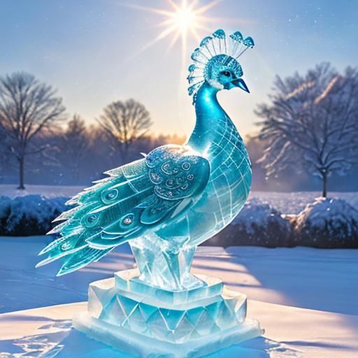Ice Peacock Sculpture in Winter Landscape