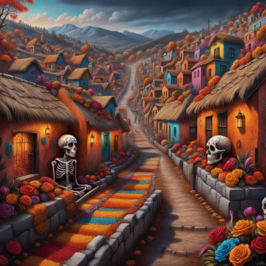 Vibrant Day of the Dead Village in Hyperrealism