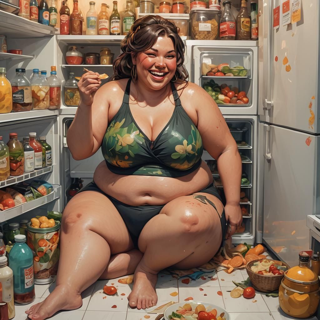 Joyful Overweight Woman Eating, Hyperdetailed Portrait