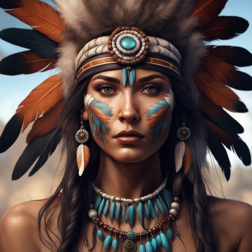 Native American Woman with Wolf: Detailed Digital Portrait