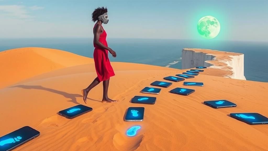 Surreal Desert Path: Zebra Masked Woman Ascending