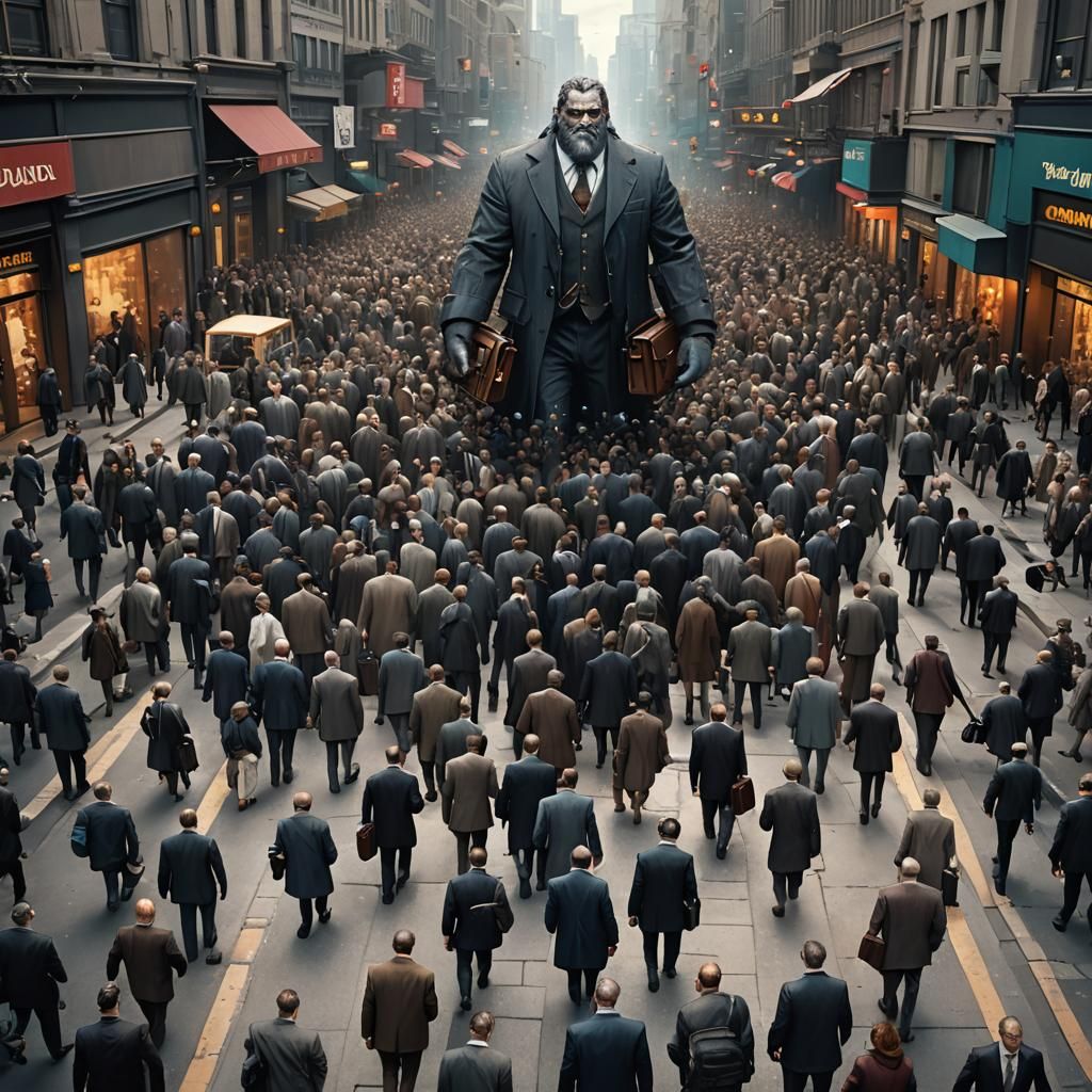 Giant Businessman in Crowded City: Dark Fantasy Art