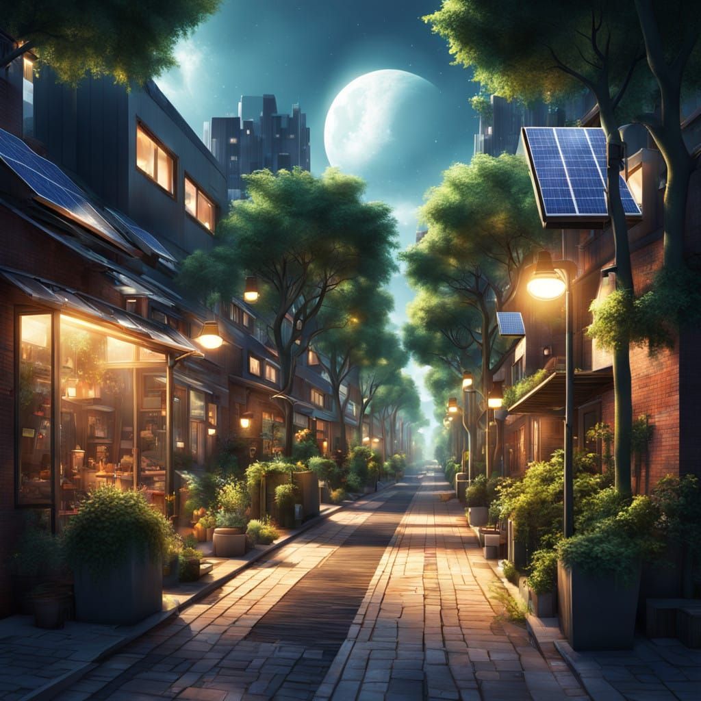 Surreal Solarpunk Street Scene with Trees and Solar Panels