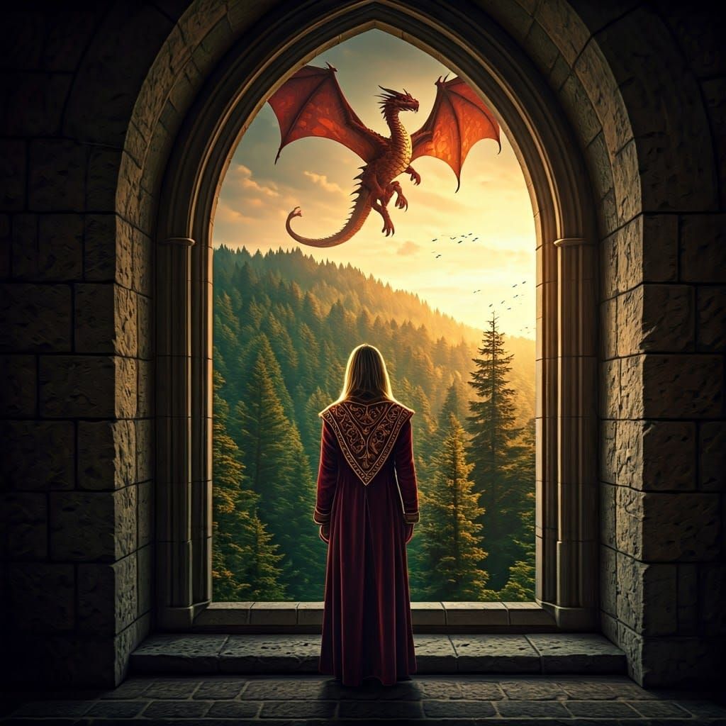Medieval Noble Sees Dragon Soar Over Emerald Forest in Golde...