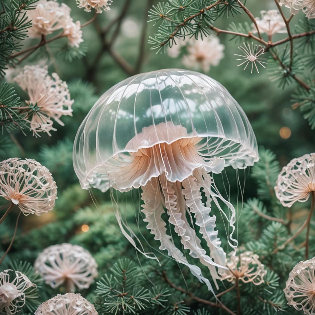 Translucent Jellyfish Amongst Evergreens in Macro Photograph...