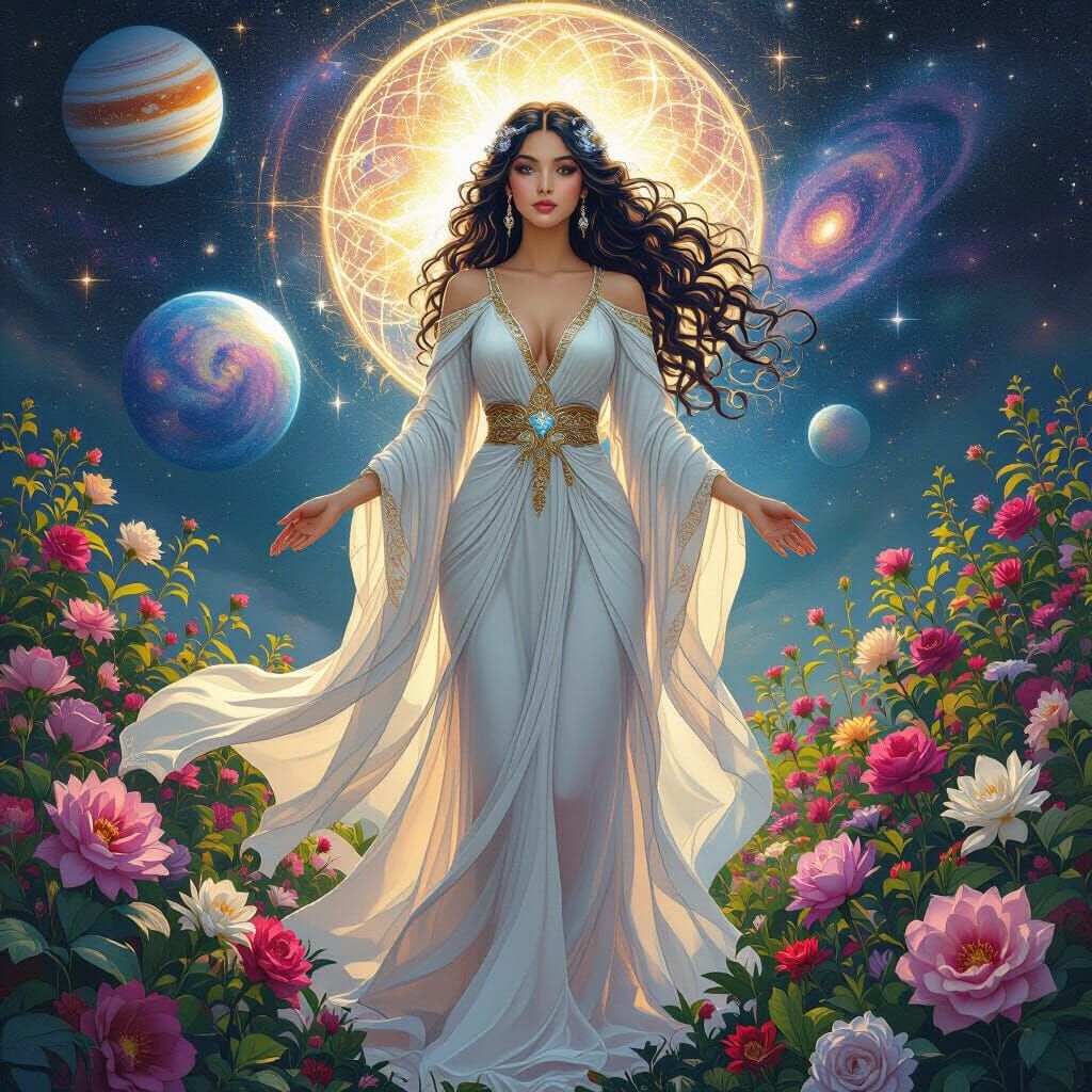 Celestial Goddess in Cosmic Garden, Fantasy Concept Art