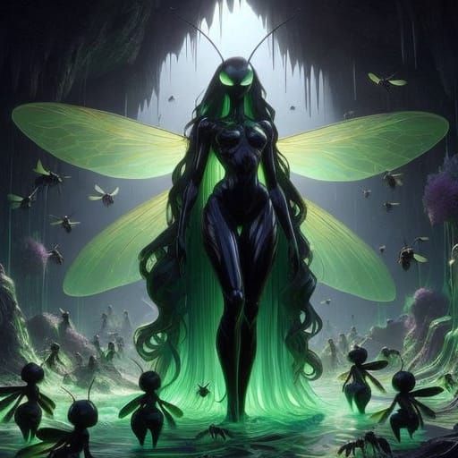 Mystical Bee Goddess in an Anime-Inspired Cave