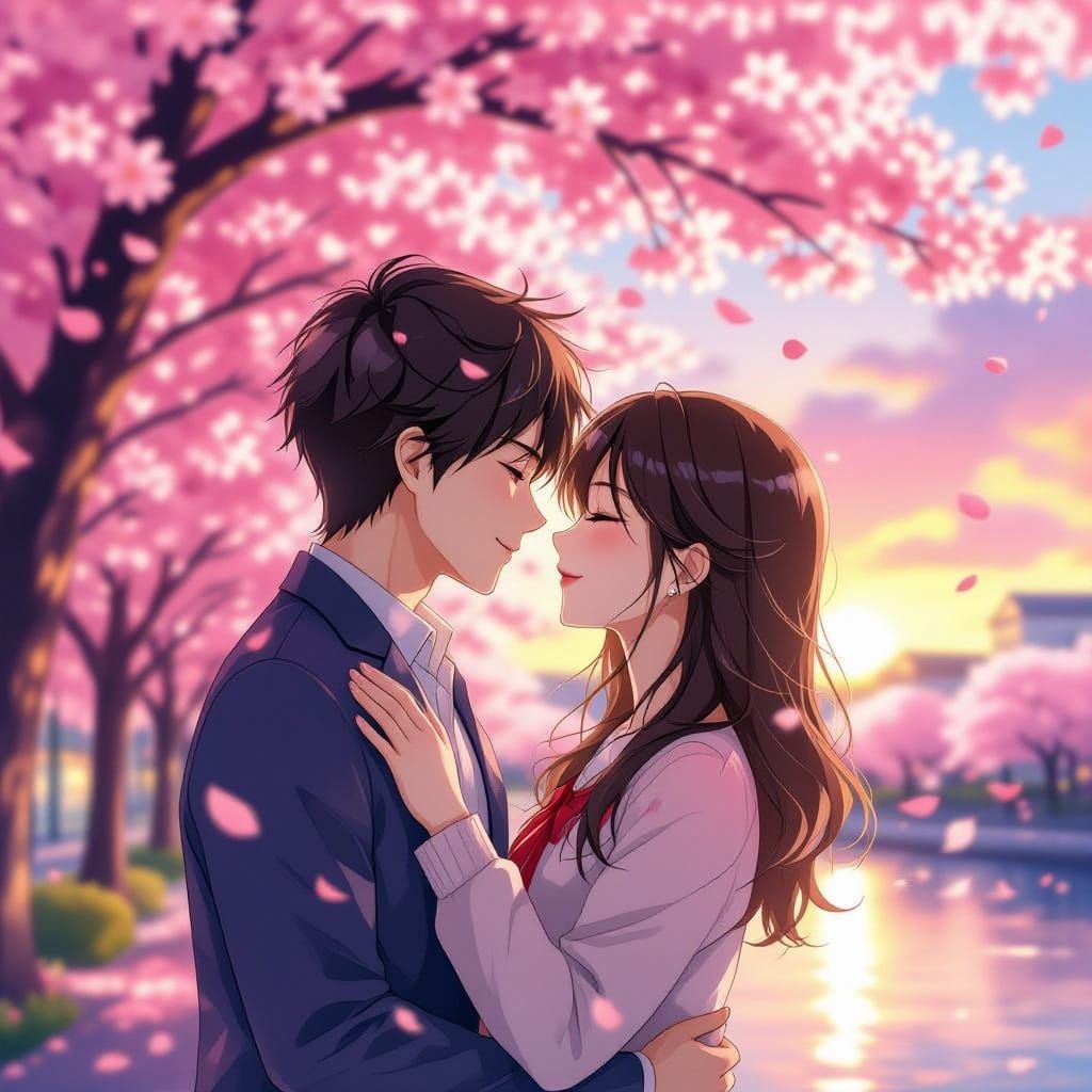Romantic Anime Couple Kissing Under Cherry Blossoms at Sunse...