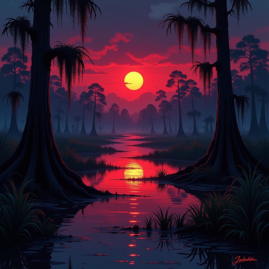 Dark Mysterious Swamps With Crimson Sunset Glow