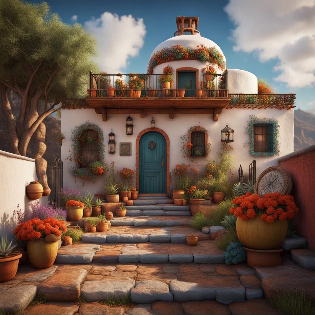 White Mexican House with Colorful Flowerpots