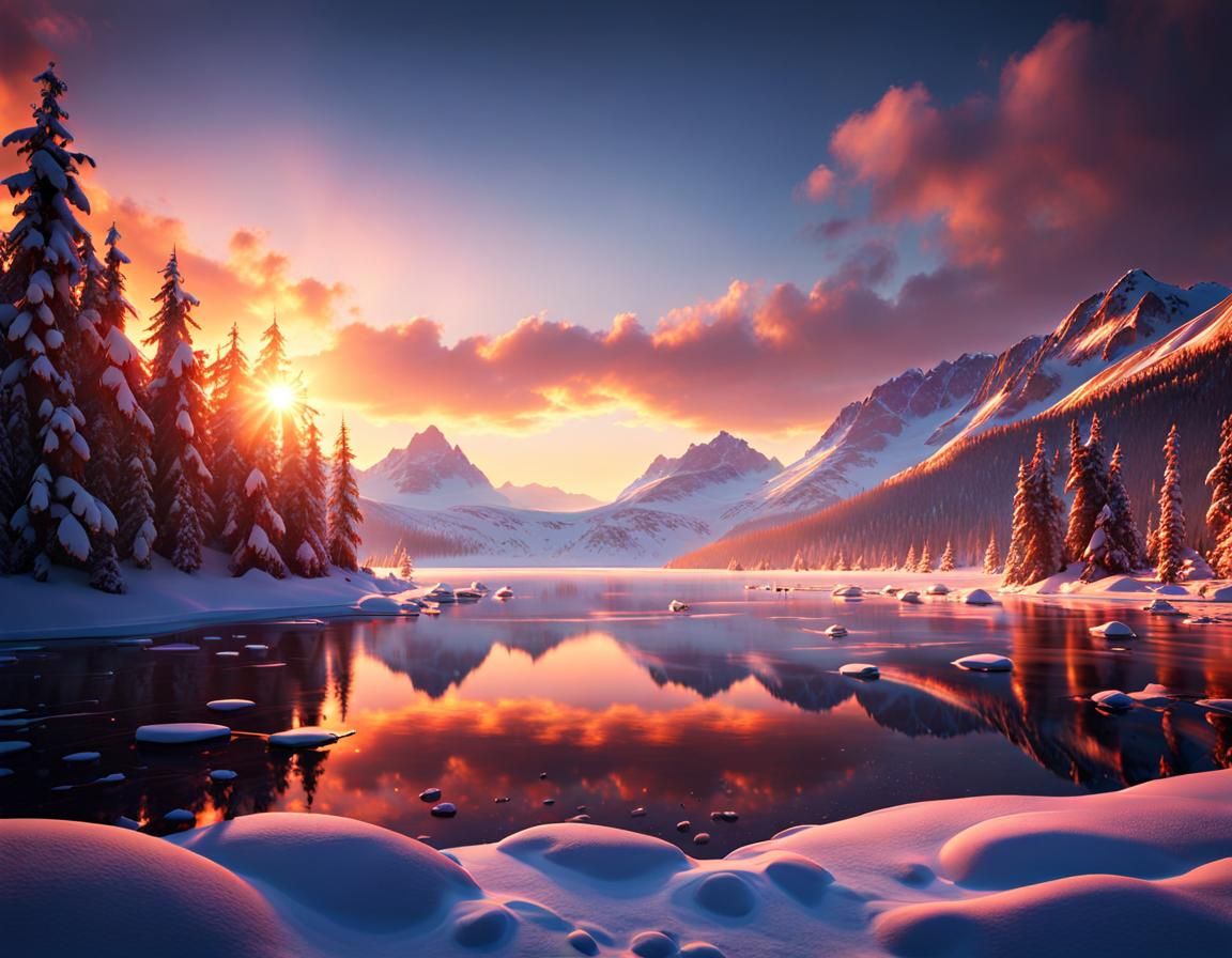 Frozen Lake Sunrise Matte Painting in 8K