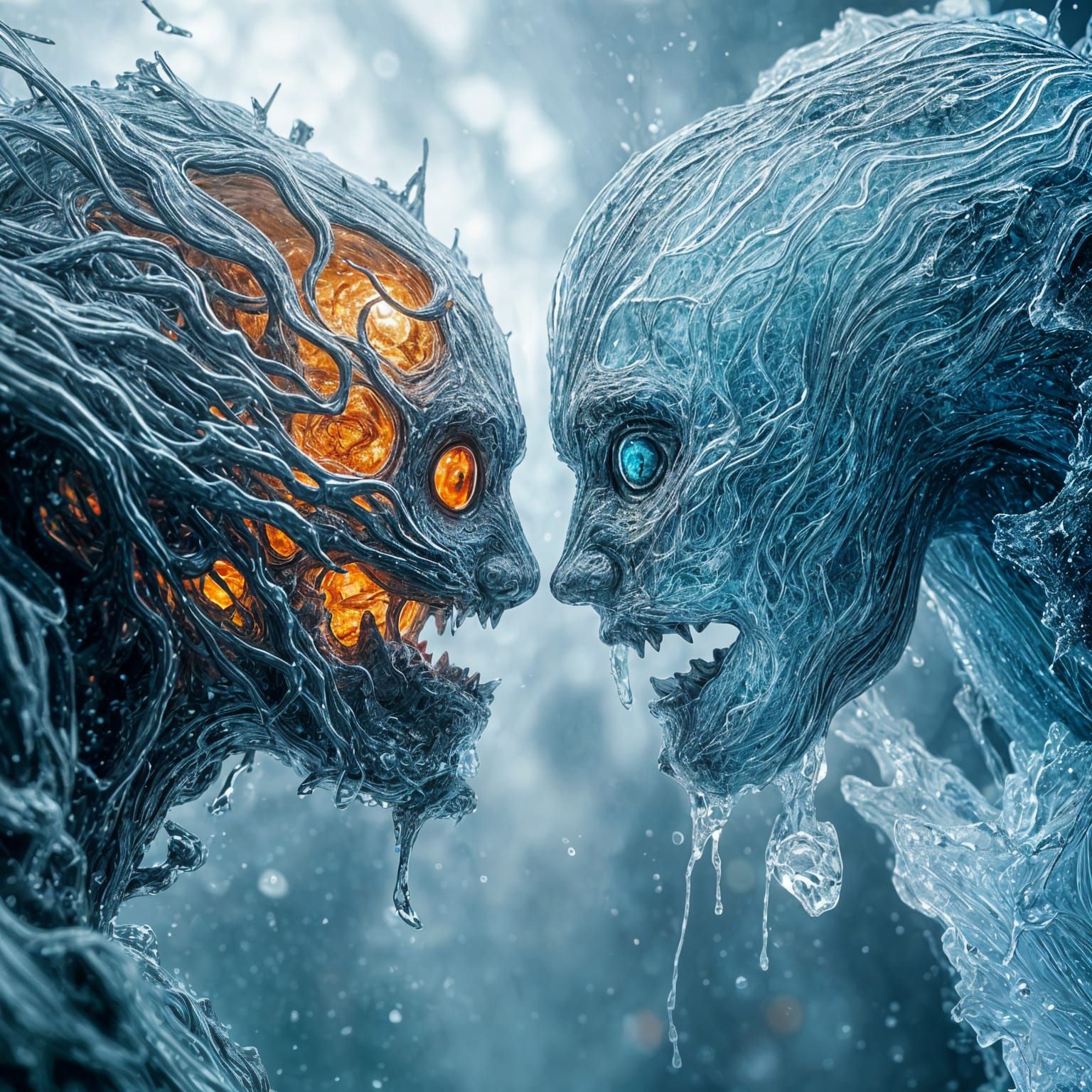 Water and Ice Entities in Surreal Confrontation