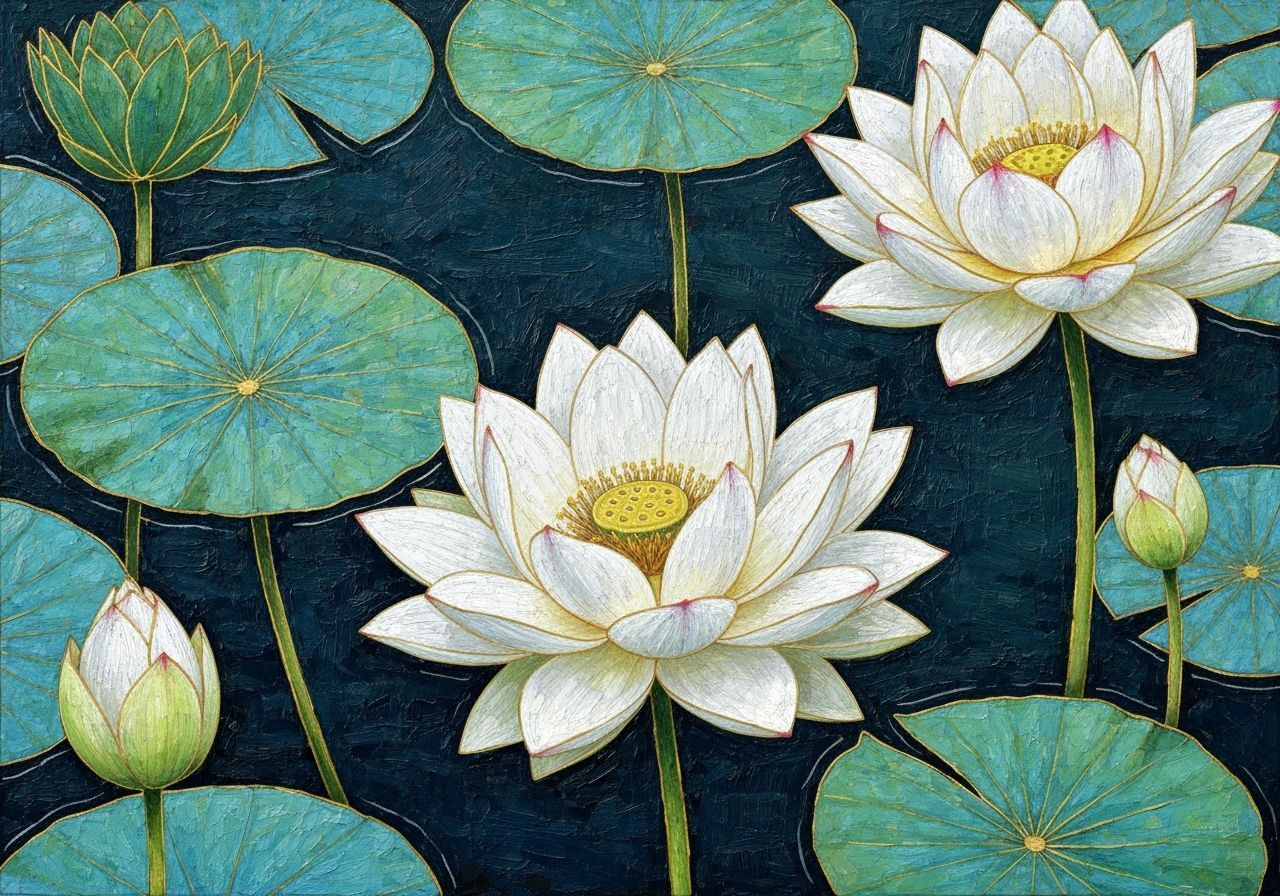 White Lotus Flowers with Gold Accents on Pond in Mosaic Styl...