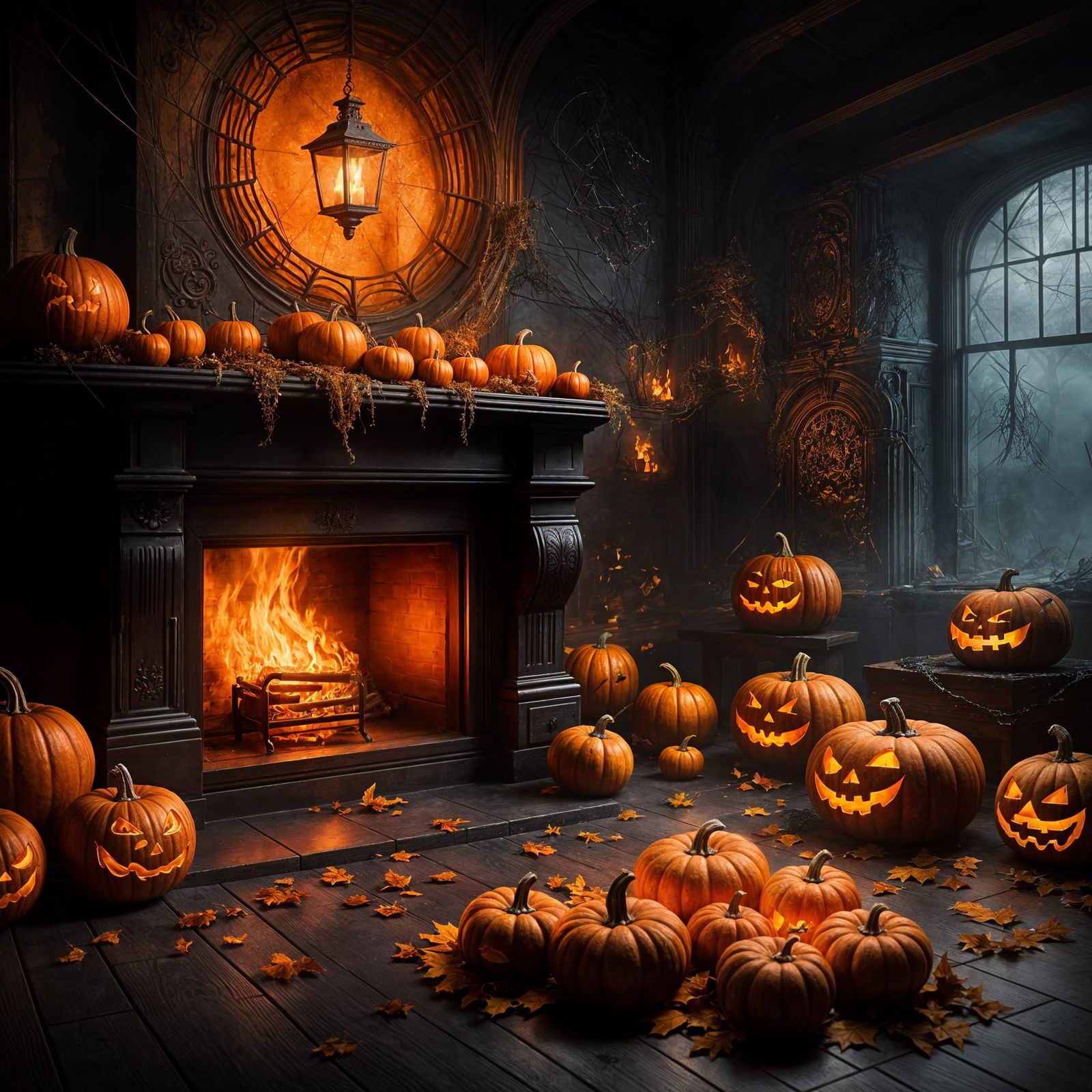 Halloween Fireplace with Pumpkins and Spiderwebs