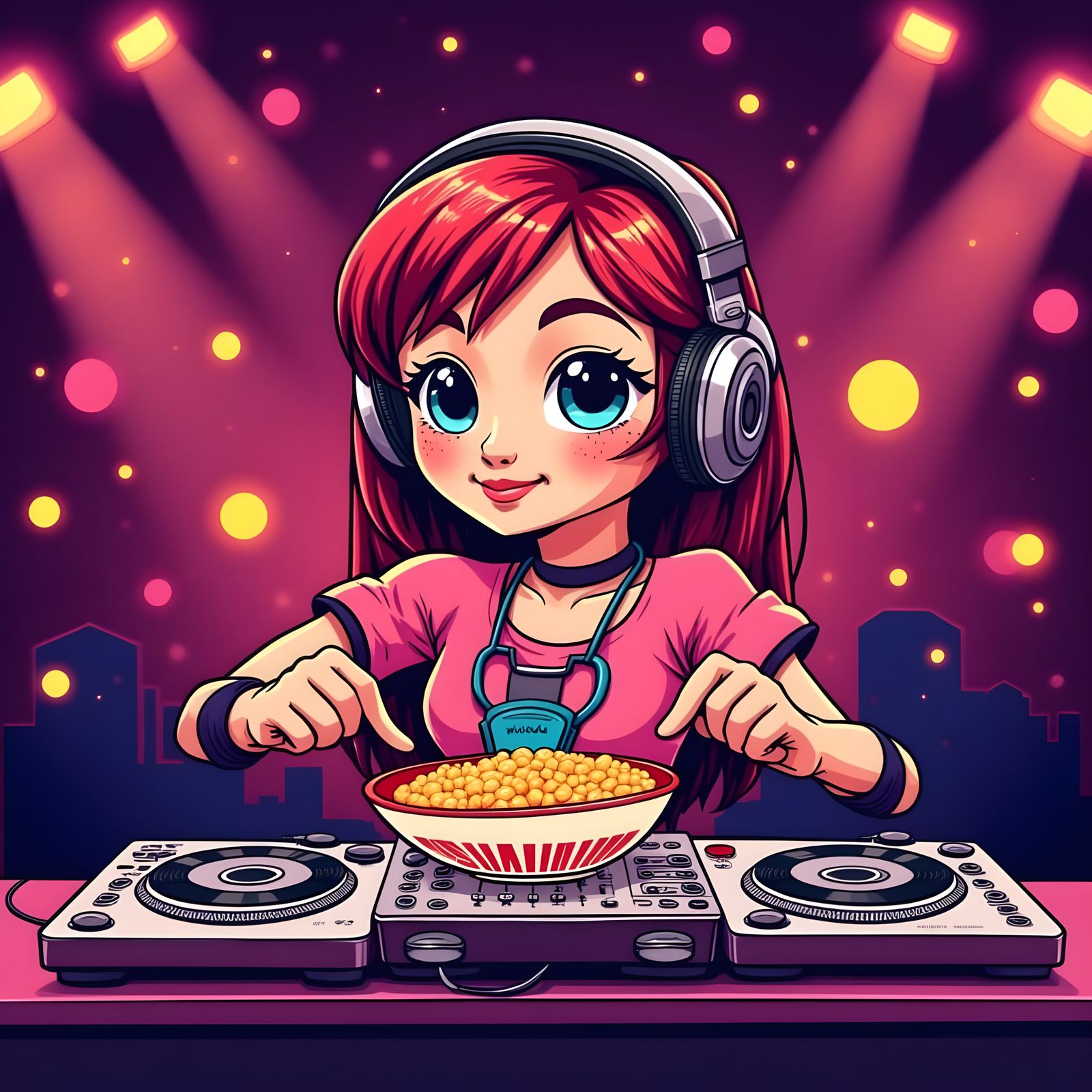 Colorful Cartoon Rice Bowl Works the Turntables as Club DJ