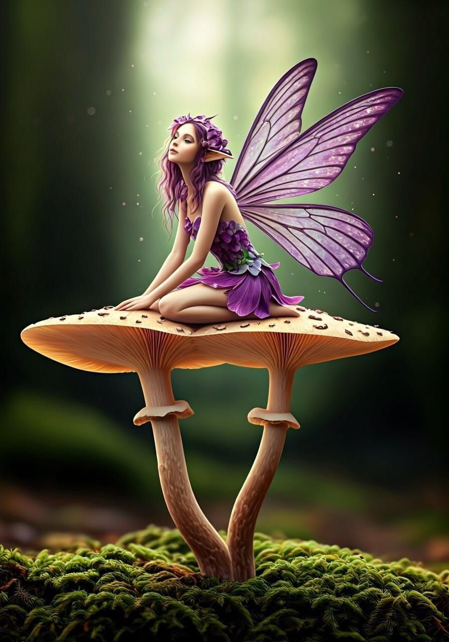 Ethereal Purple Fairy on a Mushroom
