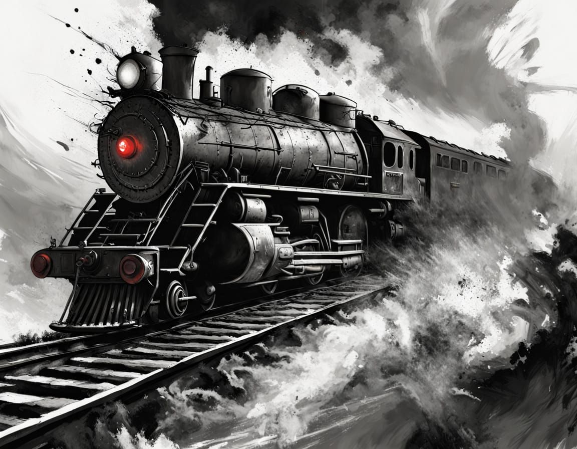 Terrifying Ghosts Haunt a Black and White Locomotive