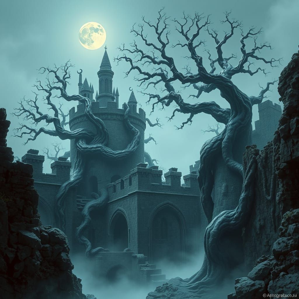 Ancient Trees Entwined with Biomechanical Fortress