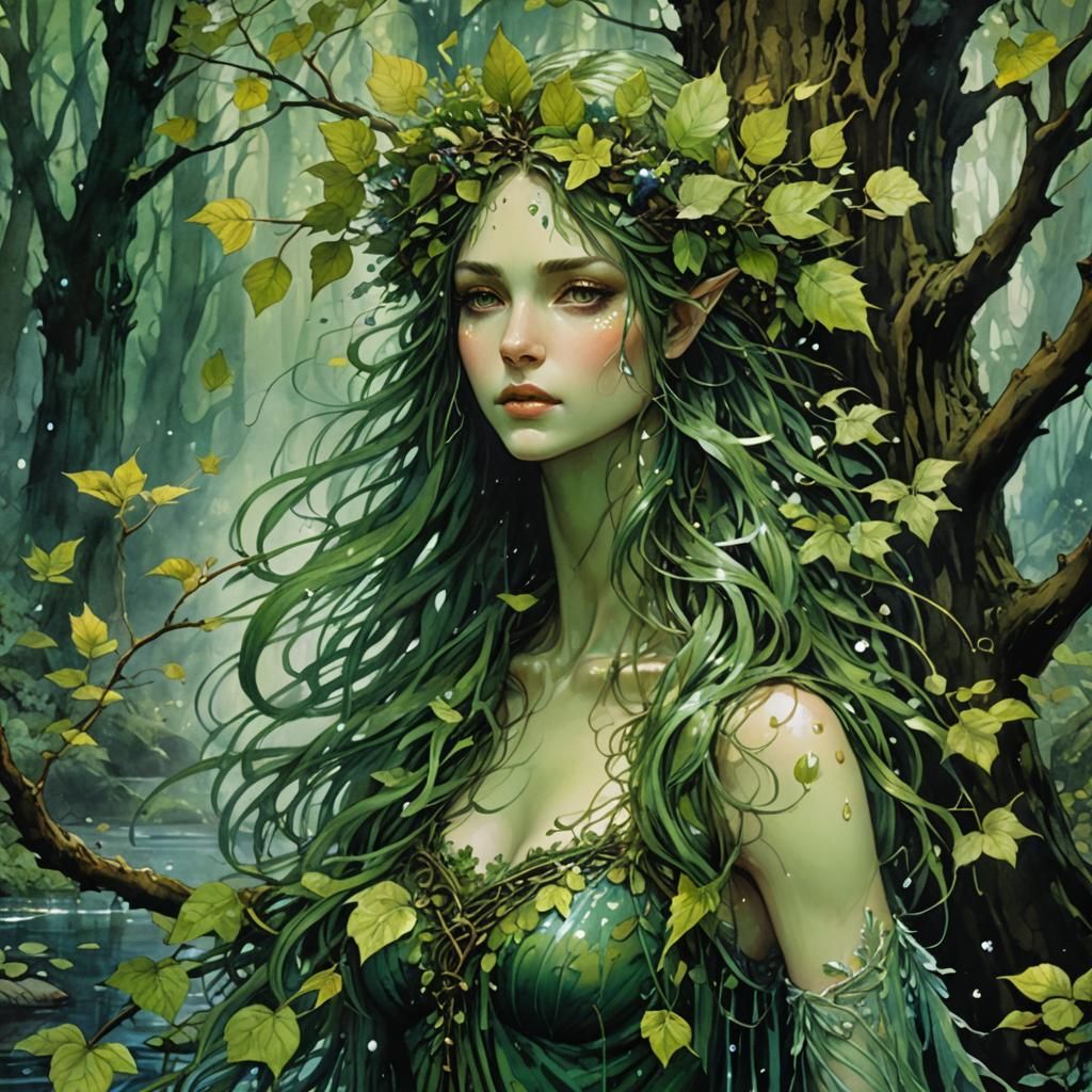Enchanted Forest Dryad in Watercolor Style