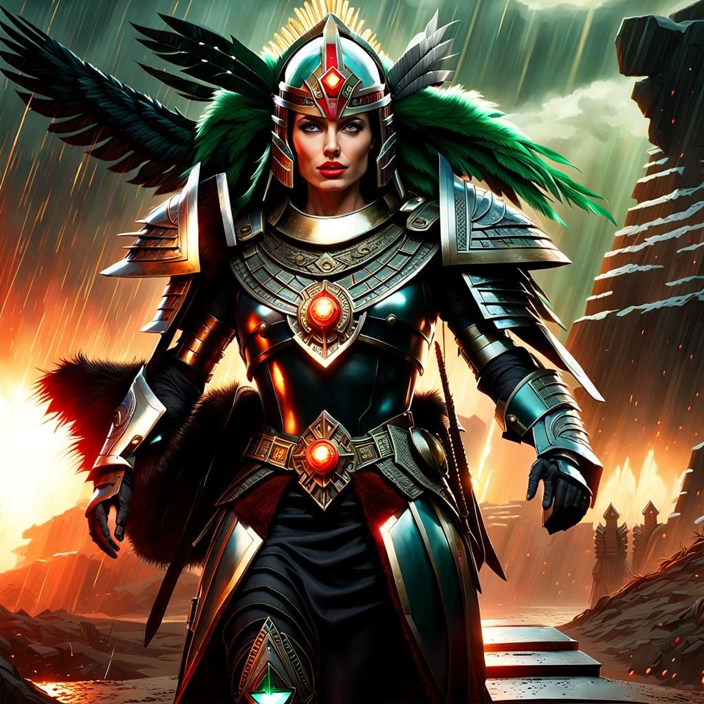Woman Warrior with Aztec Headdress in Cyberpunk Armor
