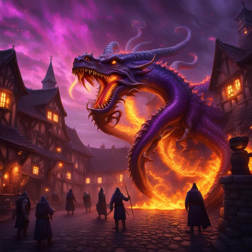 Six-Headed Fire Dragon Attacks Village