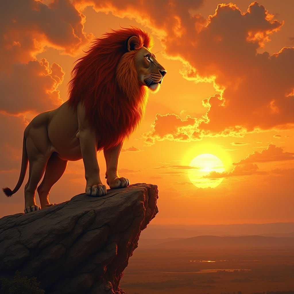 Regal Lion Amidst Vibrant Sunset Landscape in Art Nouveau St...