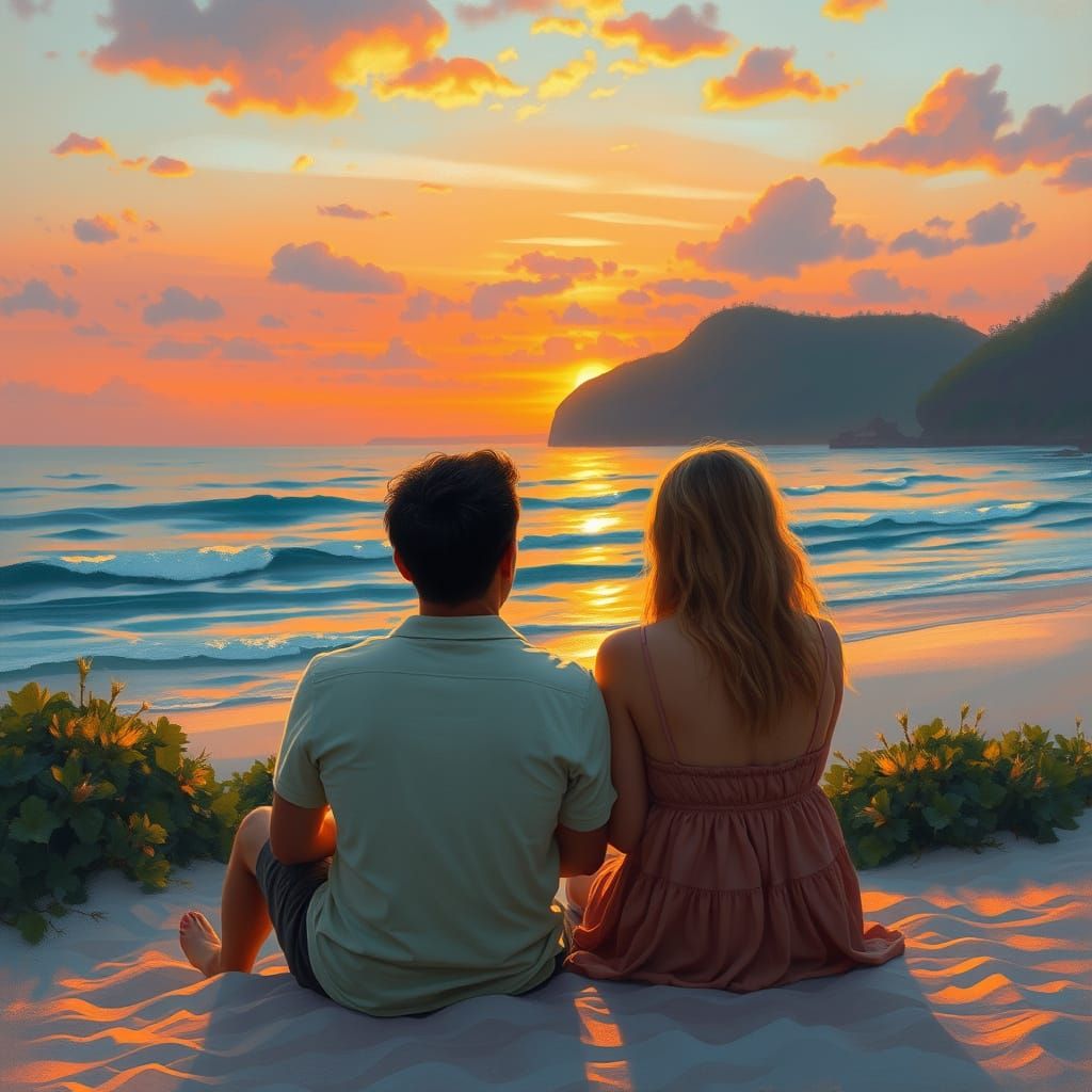 Sunset Beach Scene in Impressionist Style