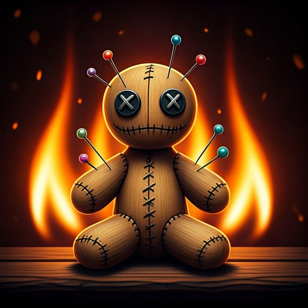 Whimsical Voodoo Doll with Needles and Fire