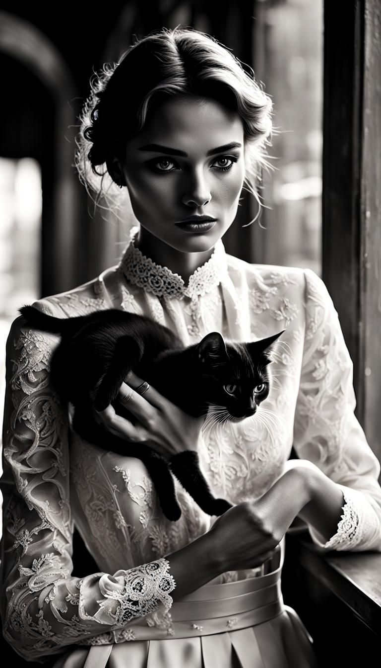 Elegant Portrait of Girl with Kitten in Black and White