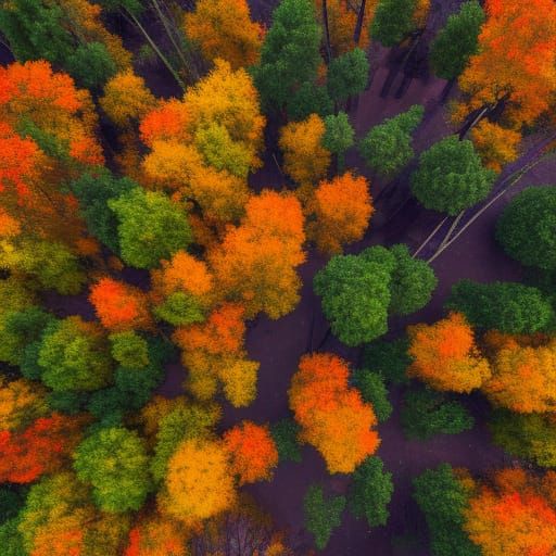Autumnal Trees Viewed from Above in 3D Rendering
