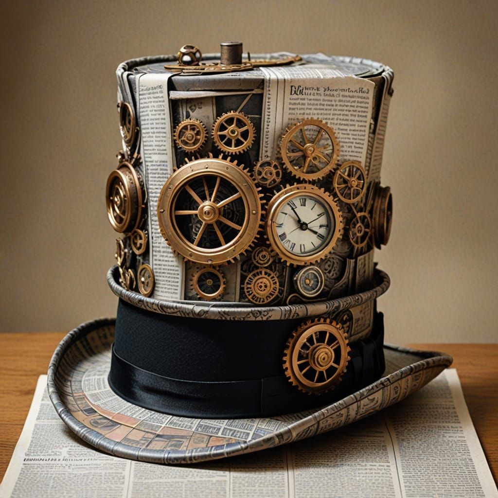 A steampunk top hat made from newspaper