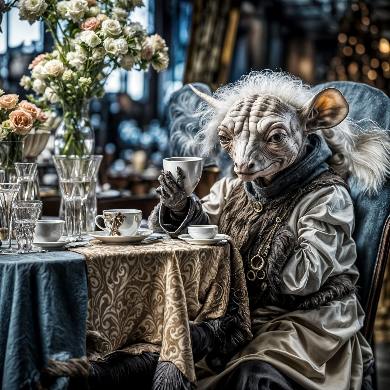 Surreal Alien Restaurant Celebration in Magical Realism