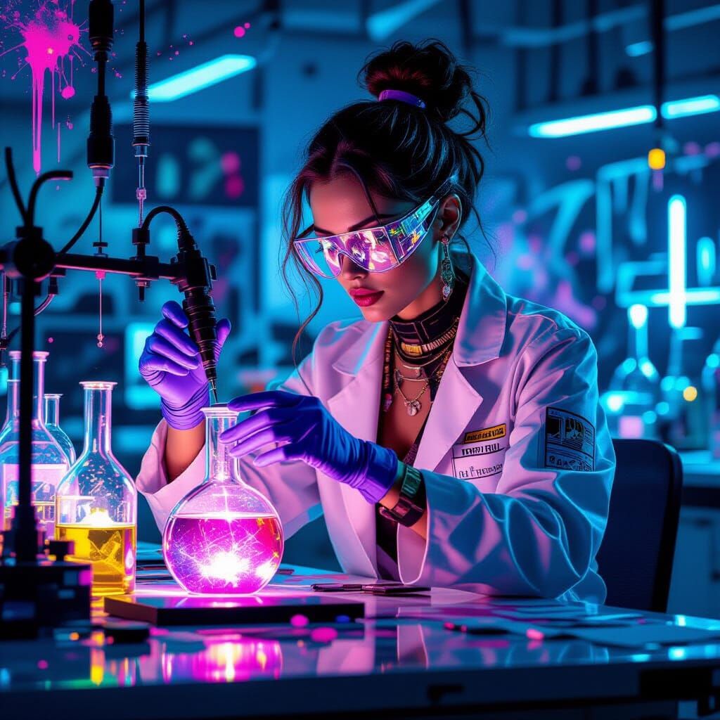 Cyberpunk Scientist in Vibrant Lab with Glowing Vials
