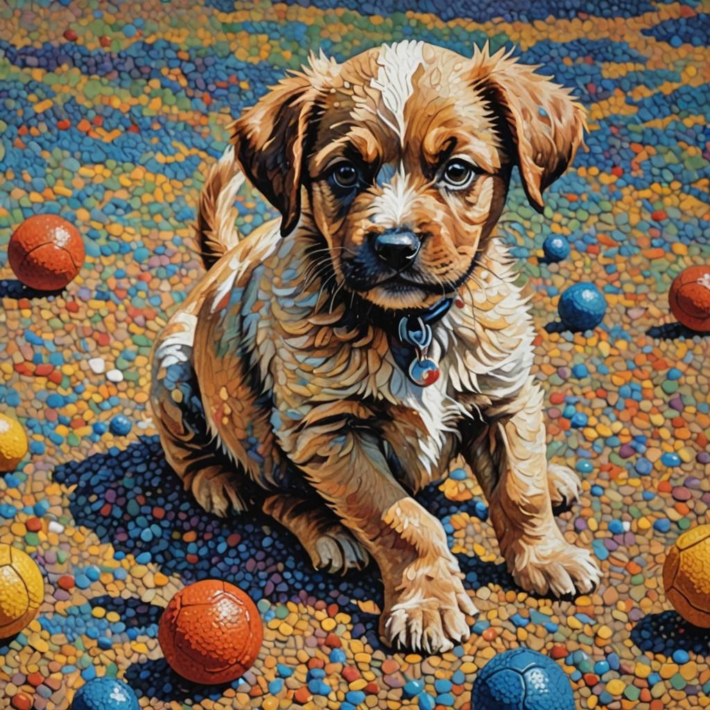 a puppy dog playing with his ball, in the style of Realism, Pointillism, and Fauvism