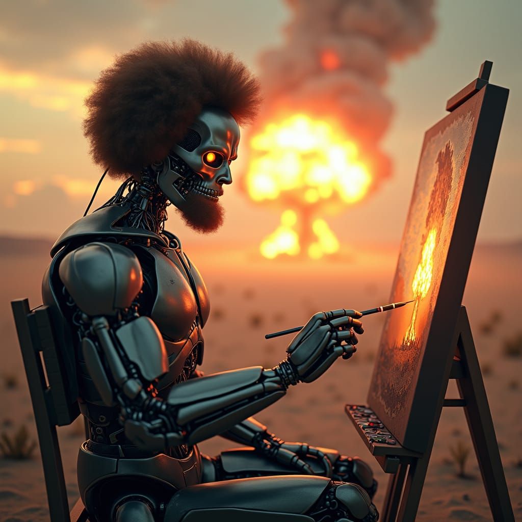 T800 Terminator as Bob Ross Painting Apocalypse