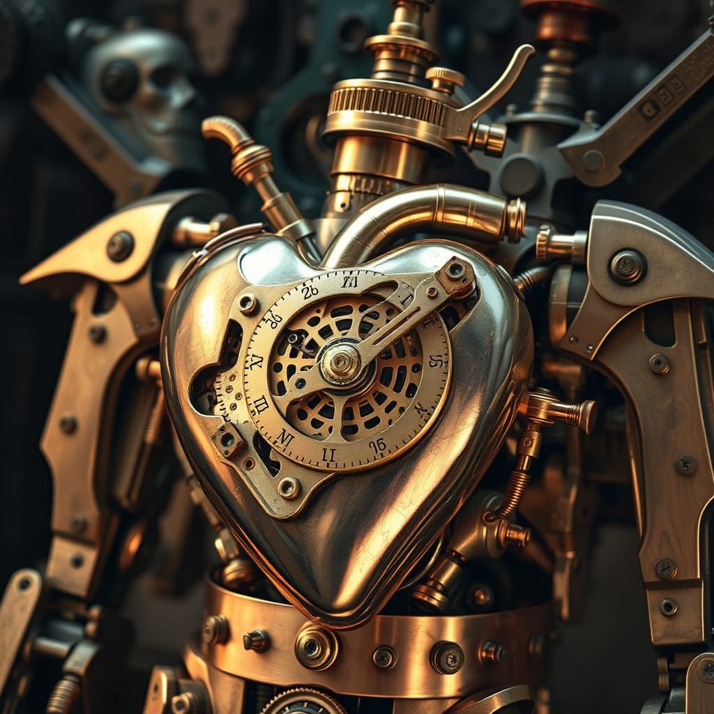 Steampunk Robot's Clockwork Heart as Oil Painting